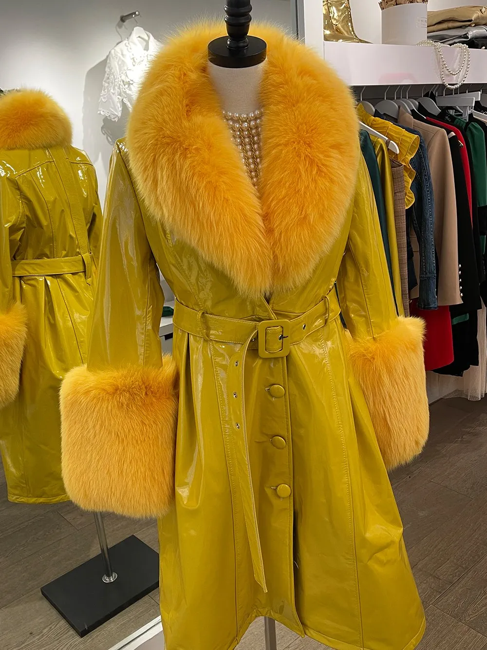 Faux Fur Genuine Patent Leather Coat in Yellow