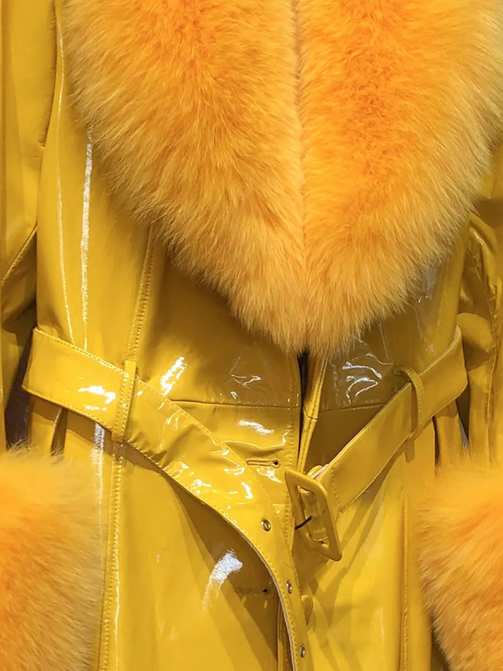 Faux Fur Genuine Patent Leather Coat in Yellow