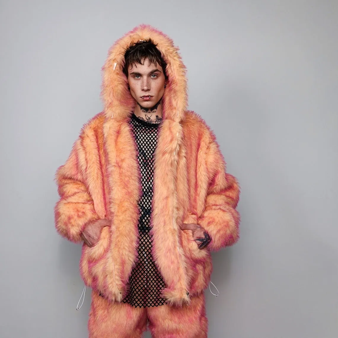 Festival faux fur jacket handmade premium fleece jacket fluffy hooded dual color luxury coat grunge bomber tie-dye puffer neon orange pink