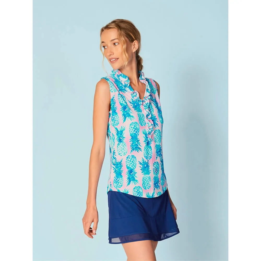 G Lifestyle Ananas Polo Zip Sleeveless Collar Double Ruffle Top - Ananas