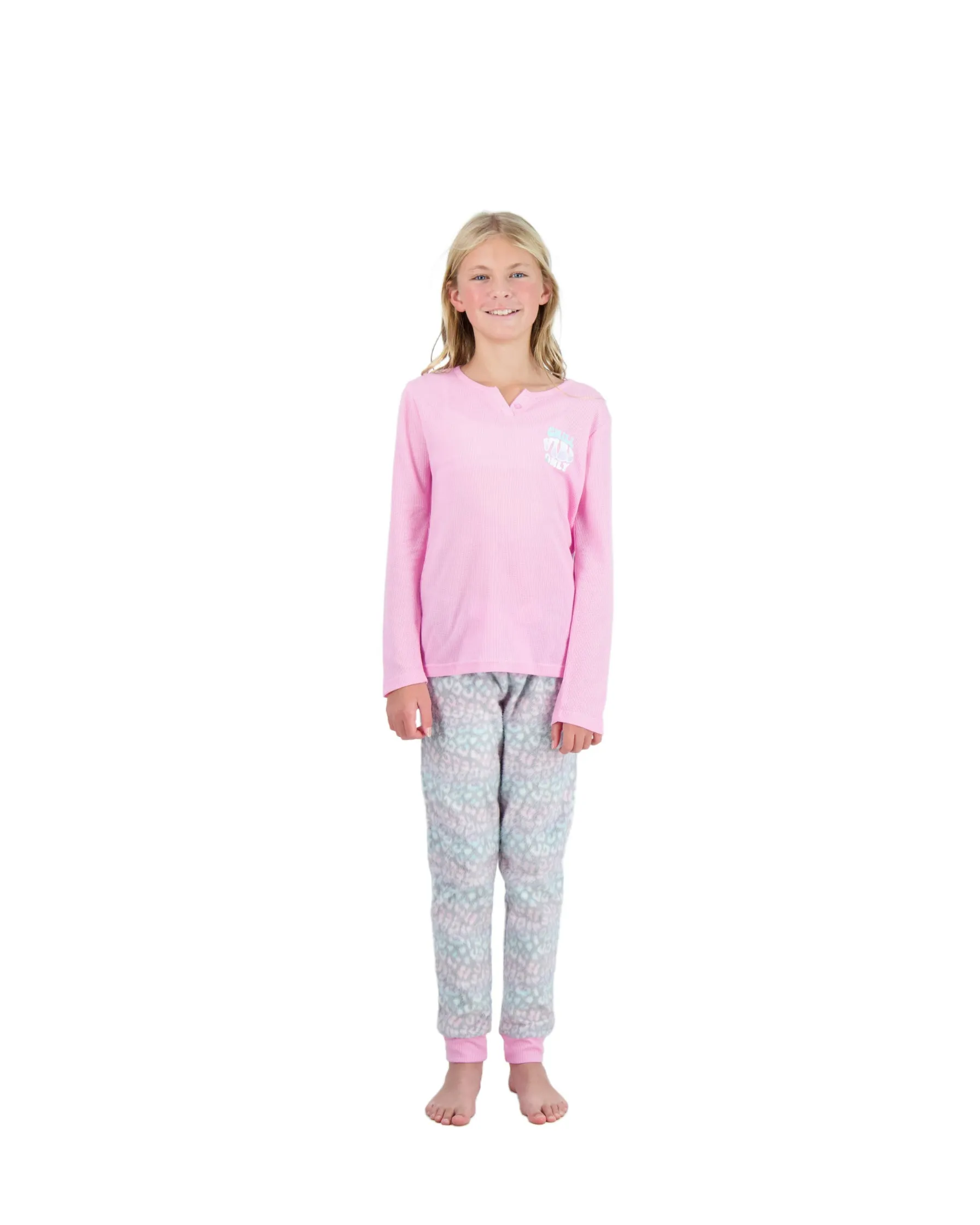 Girls 2-Piece Fleece Pajama Sets- Chill Vibes Only, Pink & Grey Pajama Set for Girls