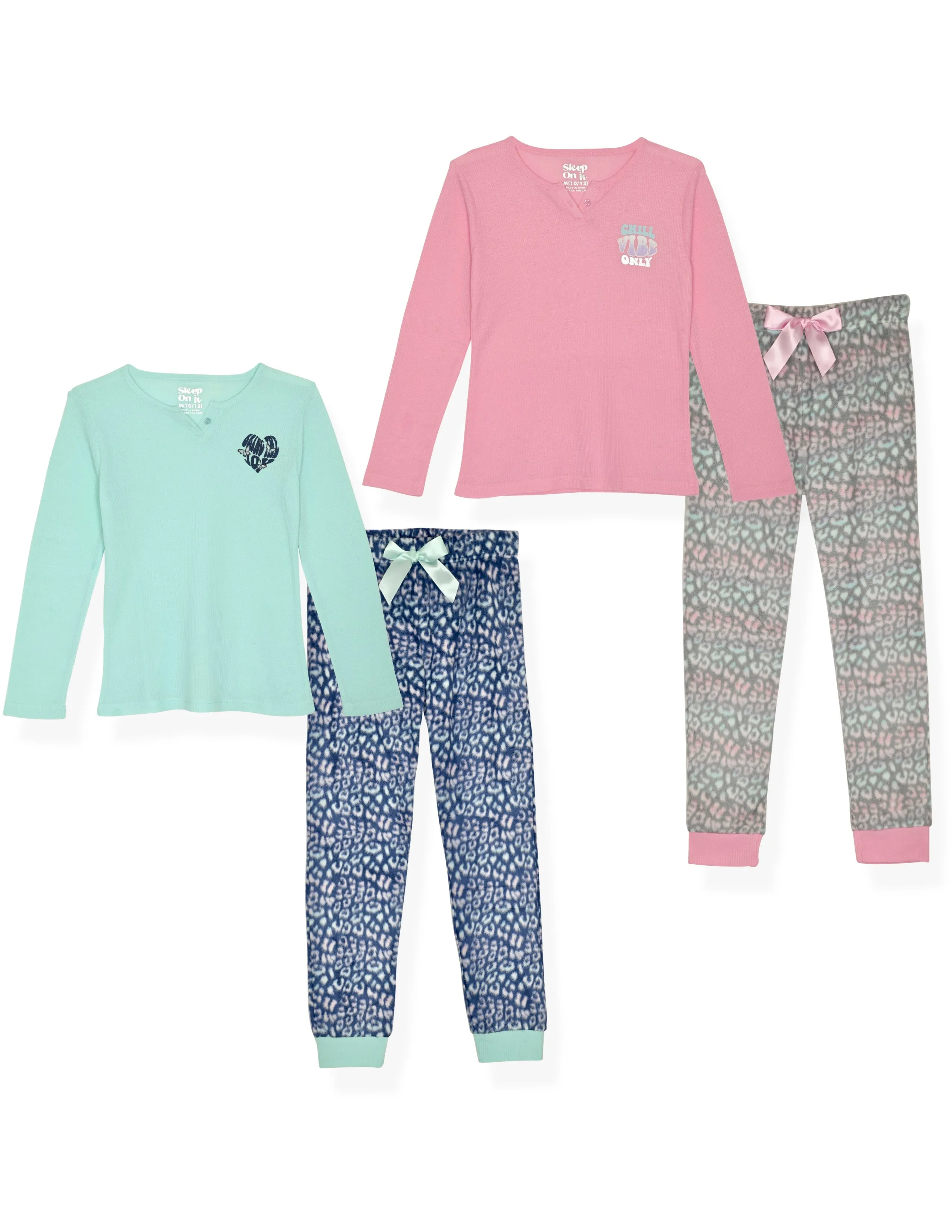 Girls 2-Piece Fleece Pajama Sets- Chill Vibes Only, Pink & Grey Pajama Set for Girls