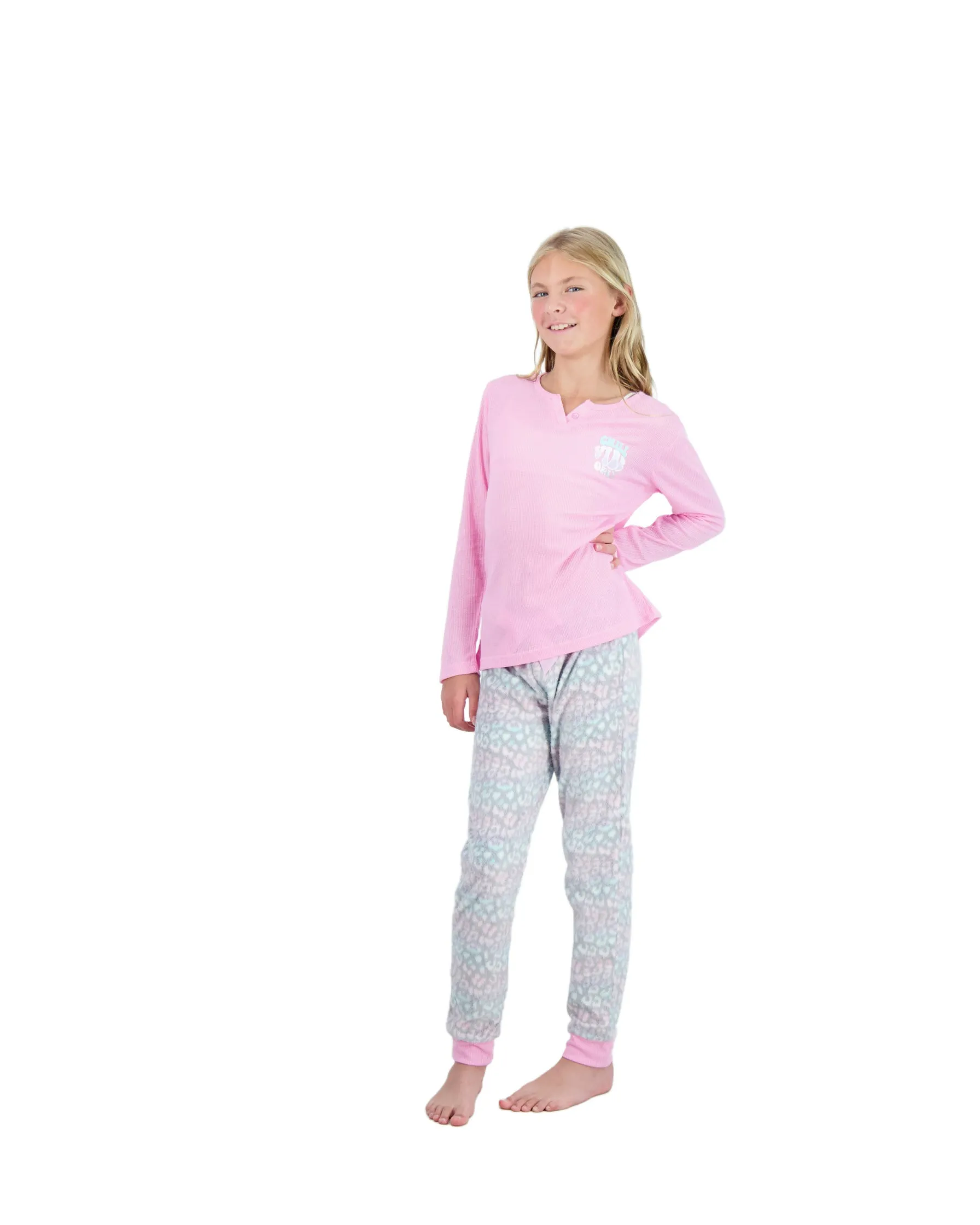 Girls 2-Piece Fleece Pajama Sets- Chill Vibes Only, Pink & Grey Pajama Set for Girls