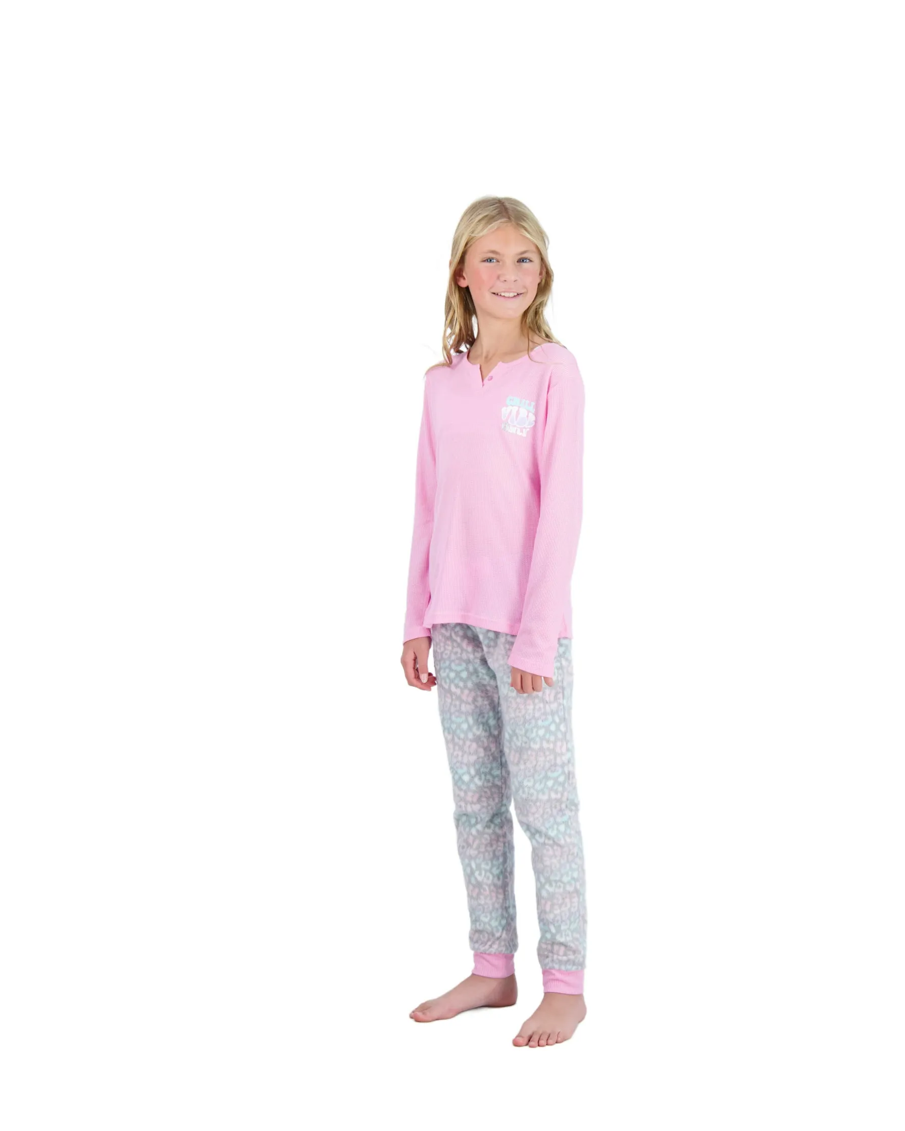 Girls 2-Piece Fleece Pajama Sets- Chill Vibes Only, Pink & Grey Pajama Set for Girls