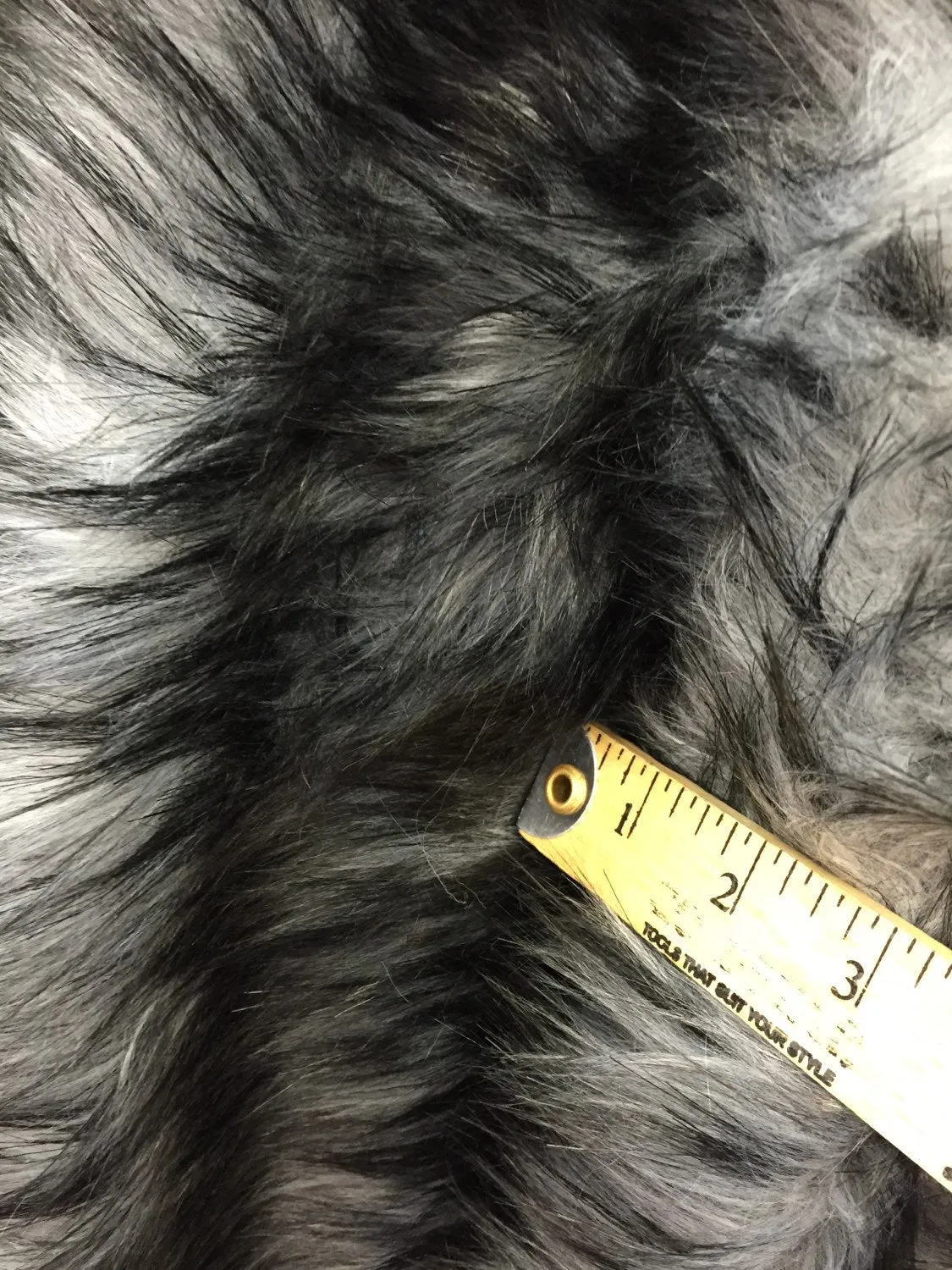 Gray/black husky faux fur, 2 tone shaggy faux fur. Sold by the yard.60" wide.