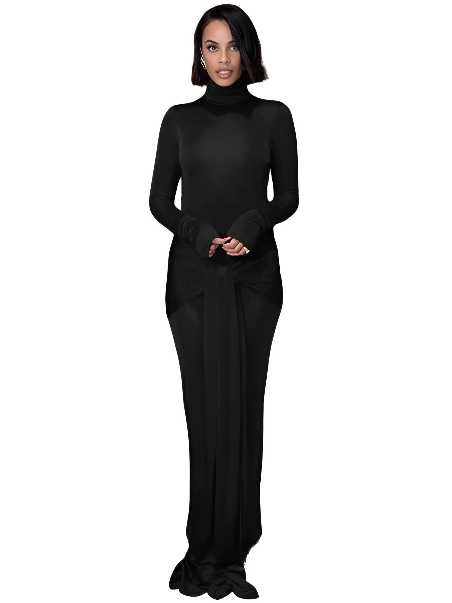 High Neck Maxi Dress Long Sleeve Tight Dress For Women Elastic Lace Up Long Dress Party Club Dress