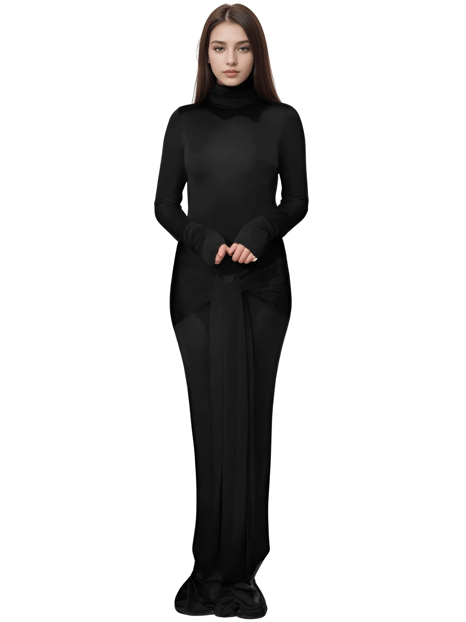 High Neck Maxi Dress Long Sleeve Tight Dress For Women Elastic Lace Up Long Dress Party Club Dress