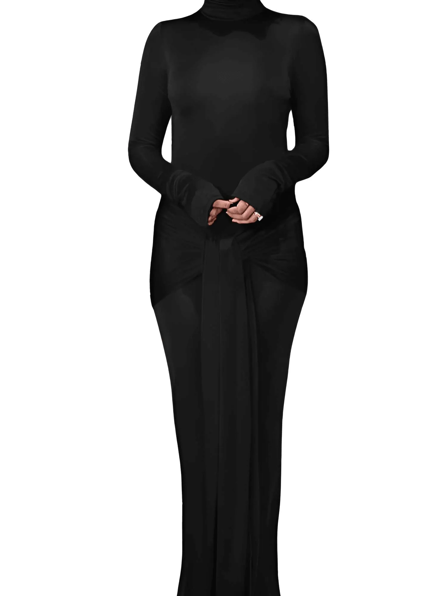 High Neck Maxi Dress Long Sleeve Tight Dress For Women Elastic Lace Up Long Dress Party Club Dress