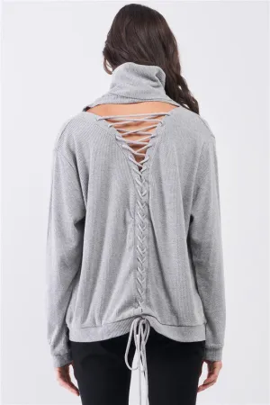 Lace Up Tie Back Detail Turtleneck Top