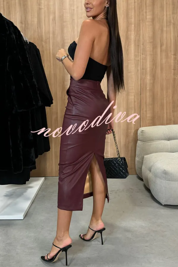 Lindsey Faux Leather High Rise Pocketed Slit Stretch Midi Skirt