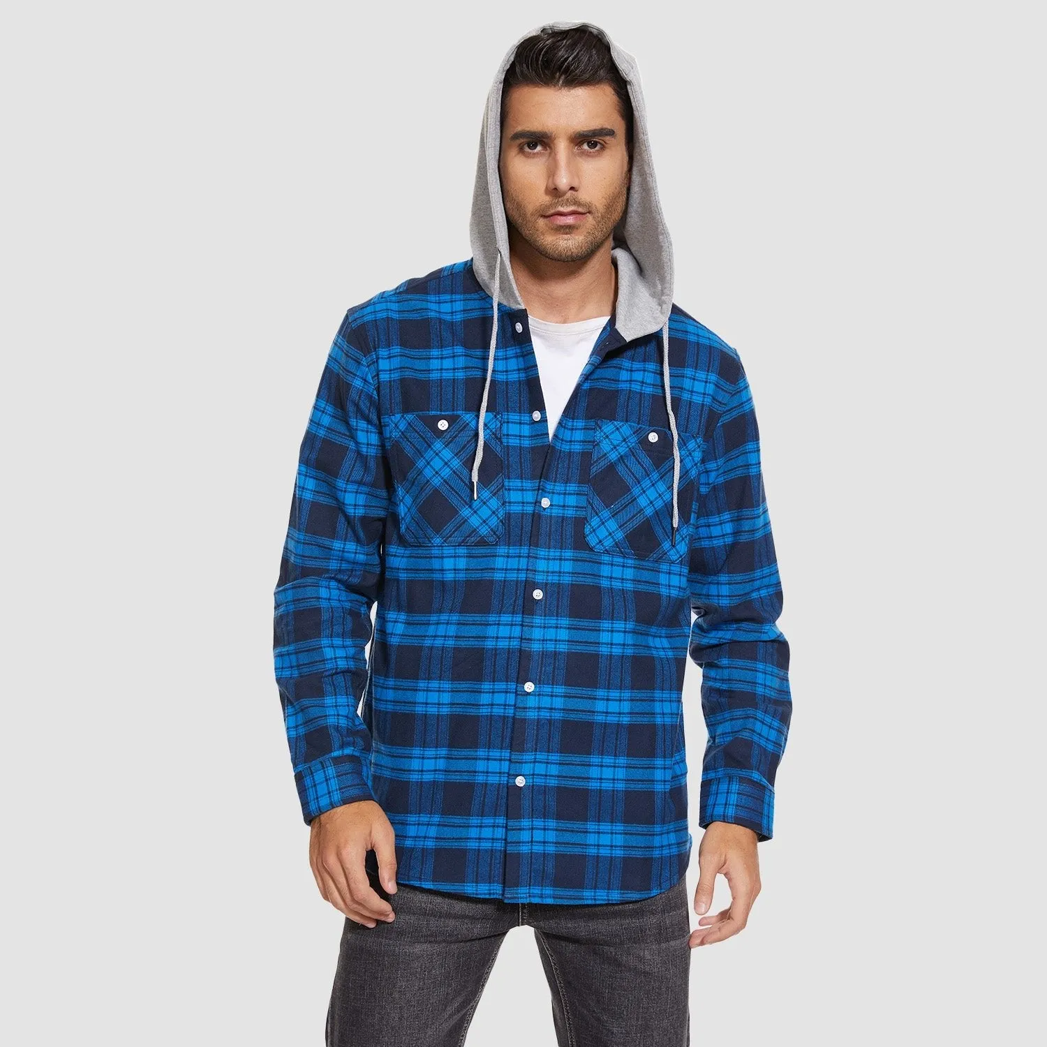 Men's Flannel Shirt Jacket with Hood - Long Sleeve Cotton Plaid Style