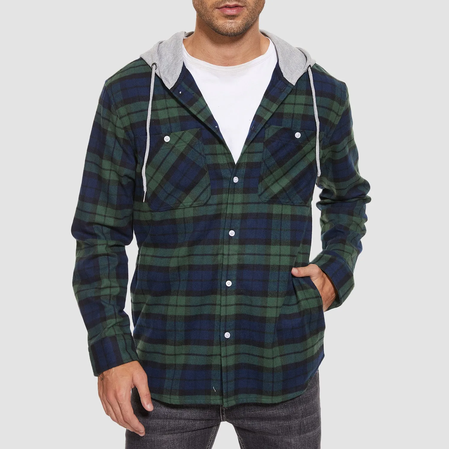 Men's Flannel Shirt Jacket with Hood - Long Sleeve Cotton Plaid Style