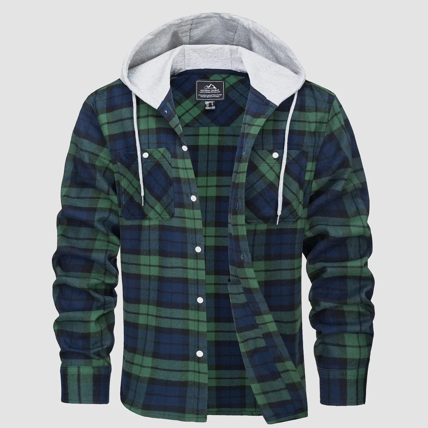 Men's Flannel Shirt Jacket with Hood - Long Sleeve Cotton Plaid Style