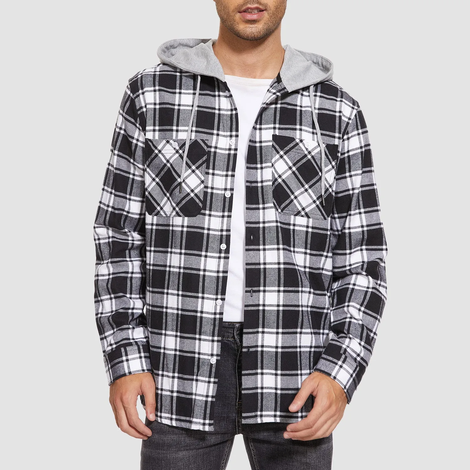 Men's Flannel Shirt Jacket with Hood - Long Sleeve Cotton Plaid Style