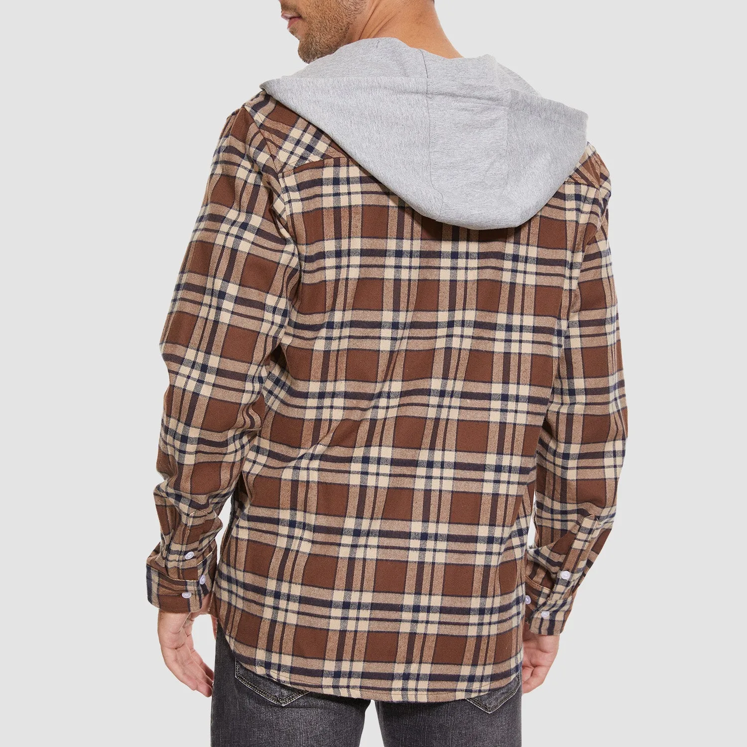 Men's Flannel Shirt Jacket with Hood - Long Sleeve Cotton Plaid Style