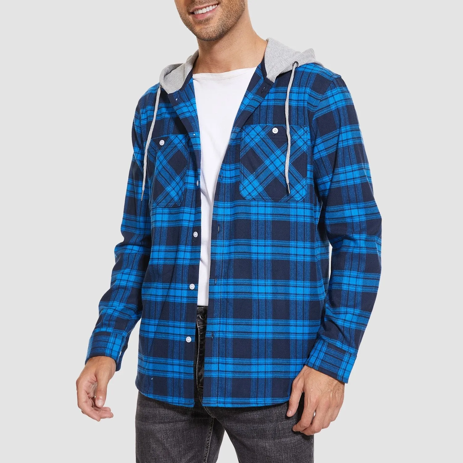 Men's Flannel Shirt Jacket with Hood - Long Sleeve Cotton Plaid Style