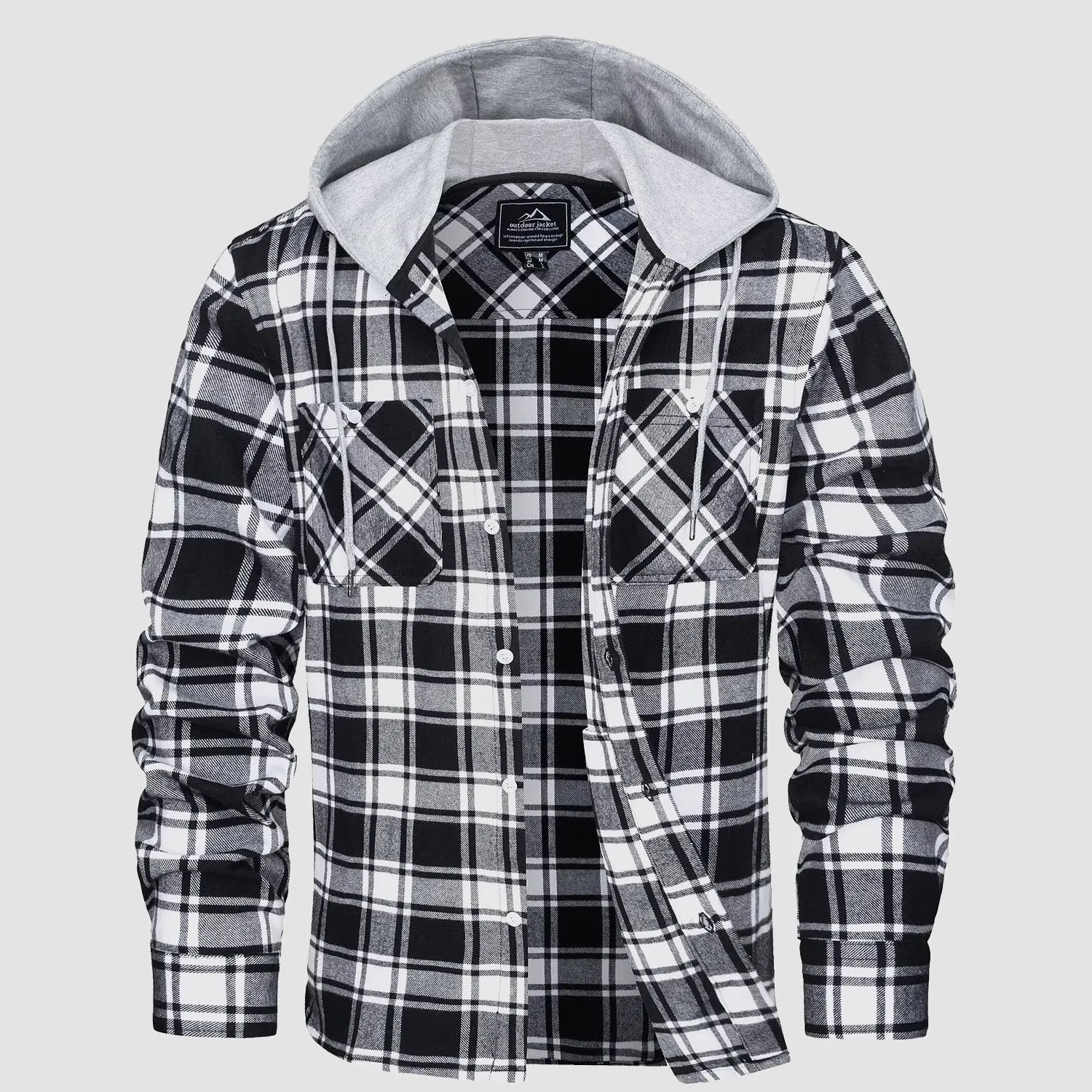 Men's Flannel Shirt Jacket with Hood - Long Sleeve Cotton Plaid Style