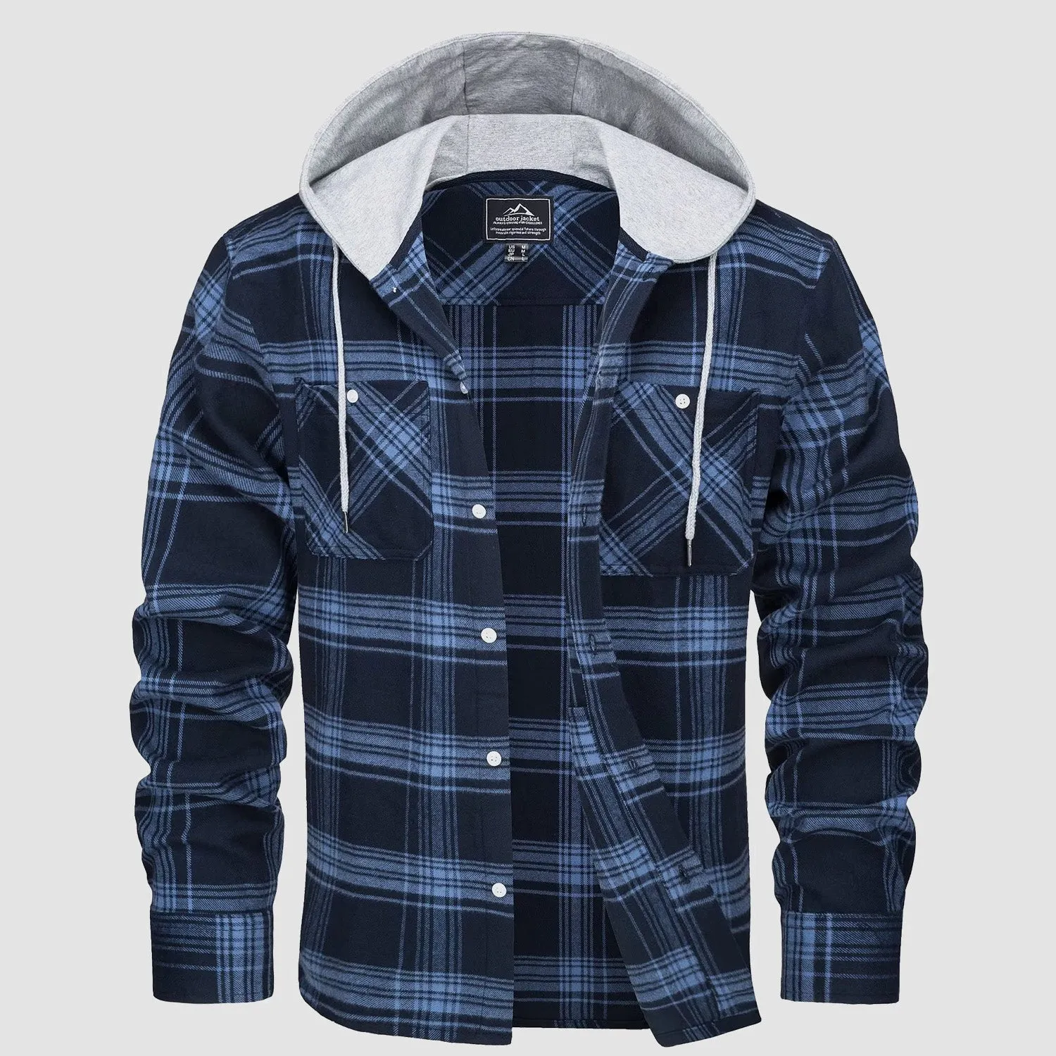 Men's Flannel Shirt Jacket with Hood - Long Sleeve Cotton Plaid Style