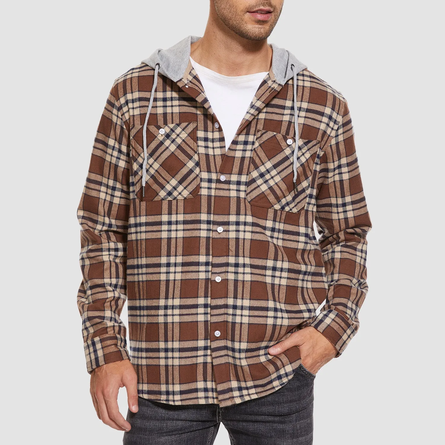 Men's Flannel Shirt Jacket with Hood - Long Sleeve Cotton Plaid Style