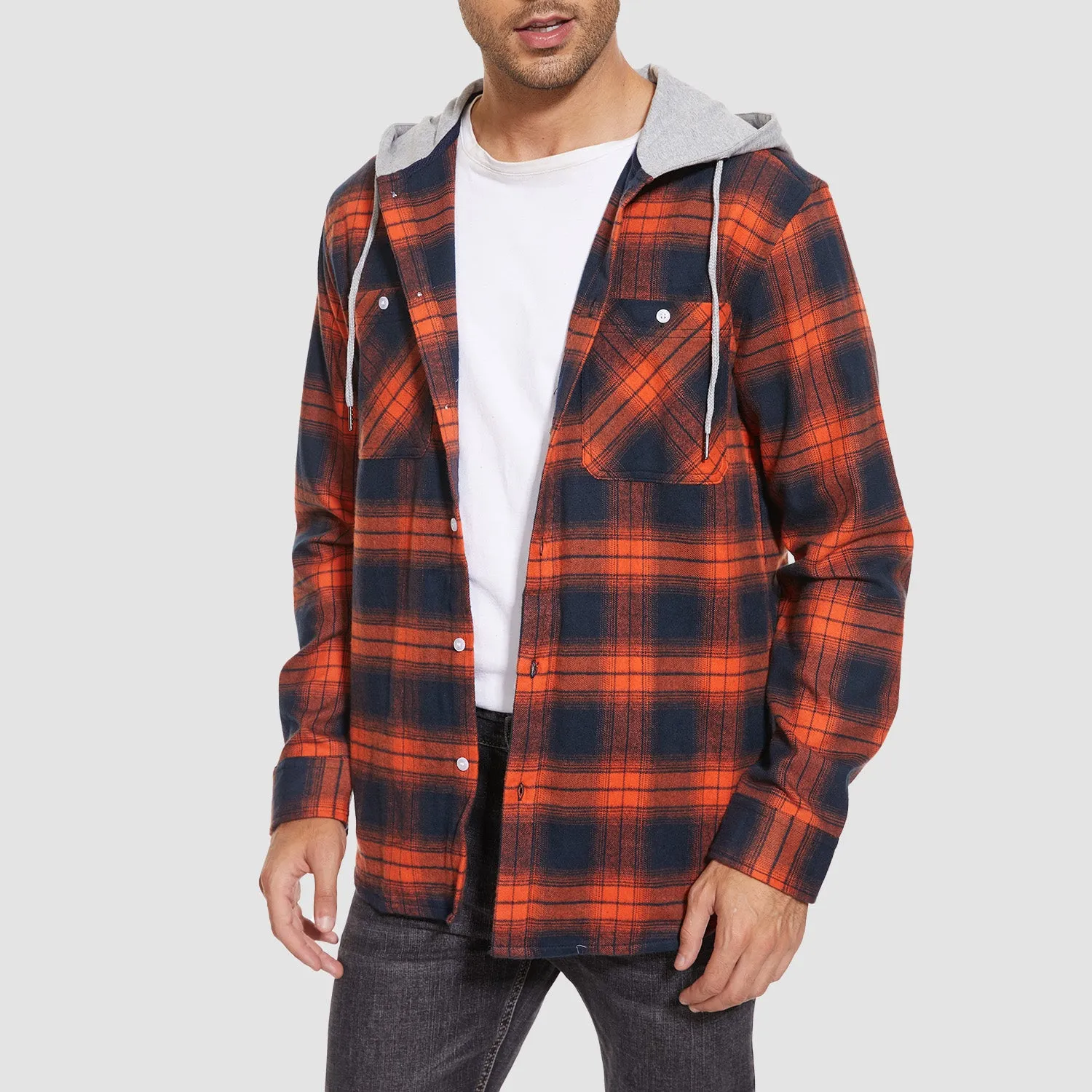 Men's Flannel Shirt Jacket with Hood - Long Sleeve Cotton Plaid Style