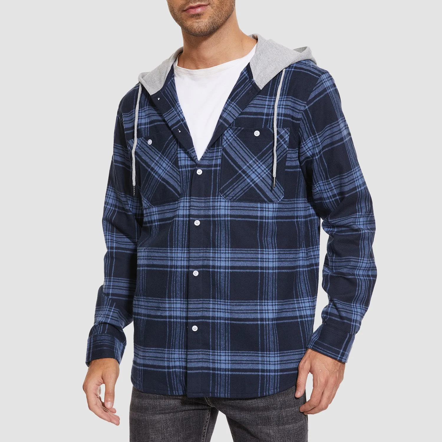 Men's Flannel Shirt Jacket with Hood - Long Sleeve Cotton Plaid Style