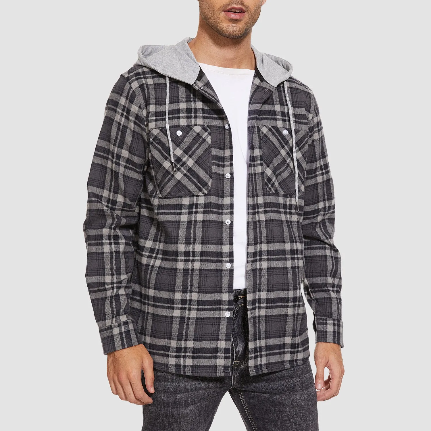 Men's Flannel Shirt Jacket with Hood - Long Sleeve Cotton Plaid Style