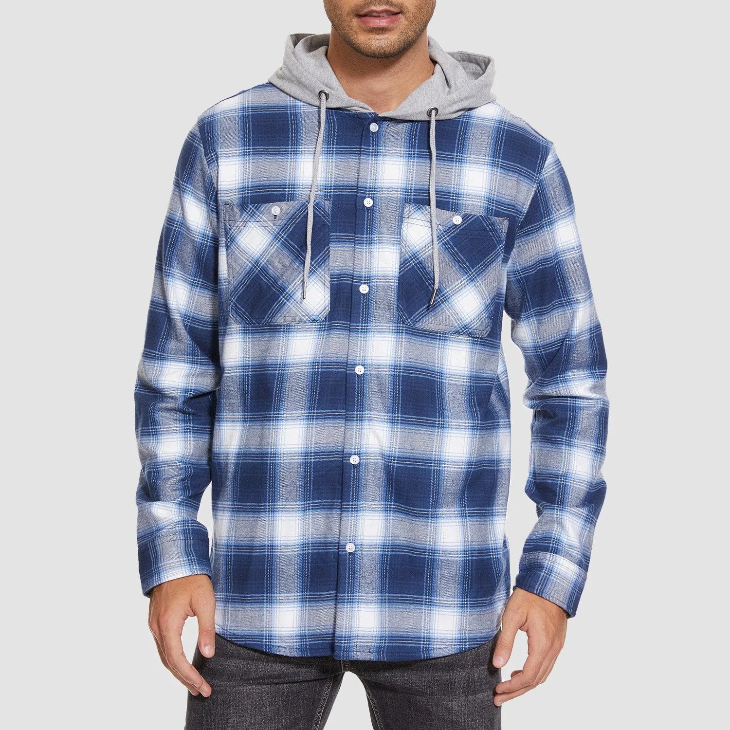 Men's Flannel Shirt Jacket with Hood - Long Sleeve Cotton Plaid Style