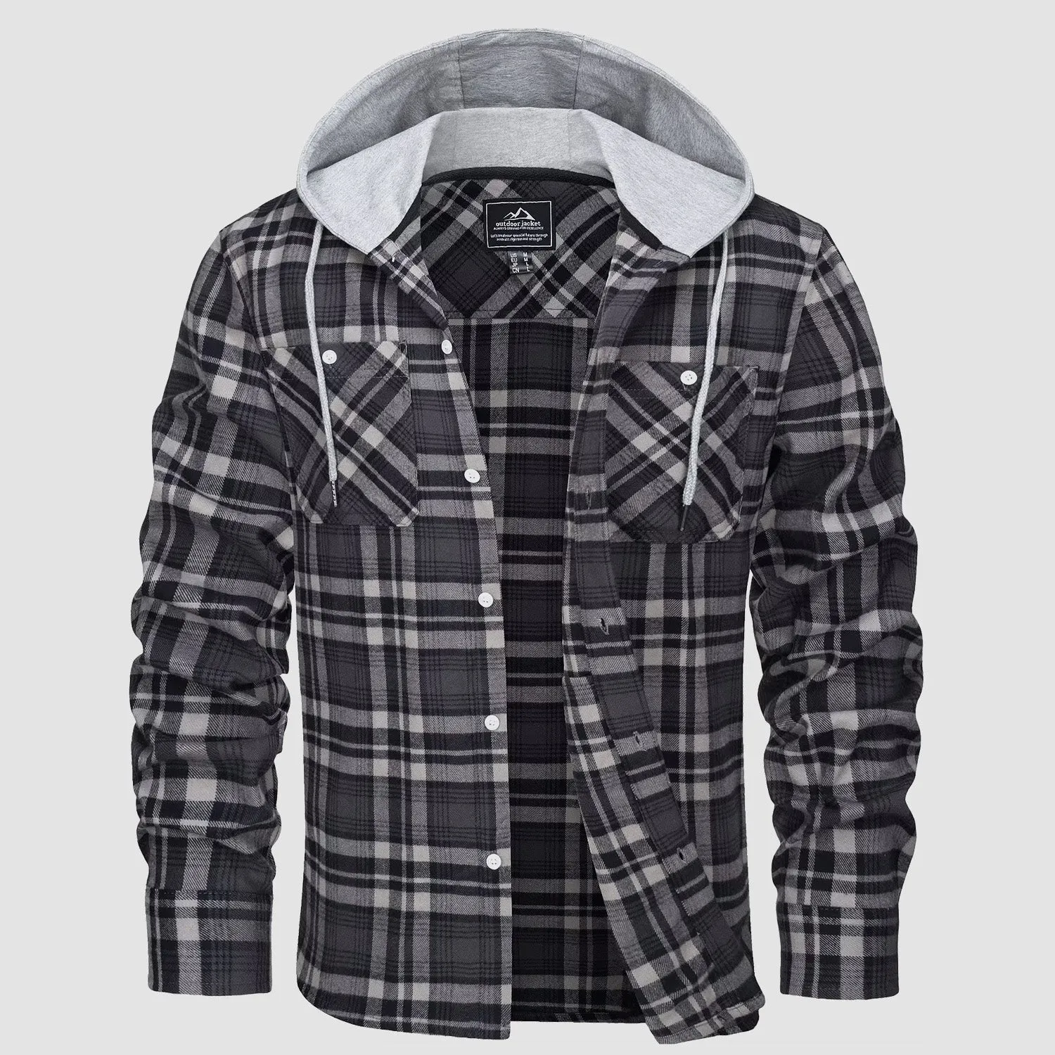 Men's Flannel Shirt Jacket with Hood - Long Sleeve Cotton Plaid Style