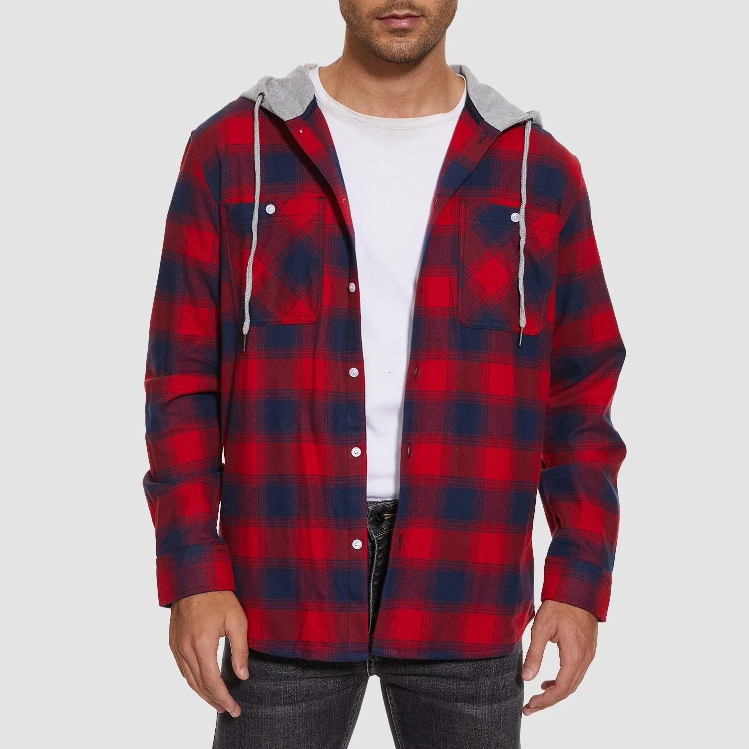 Men's Flannel Shirt Jacket with Hood - Long Sleeve Cotton Plaid Style