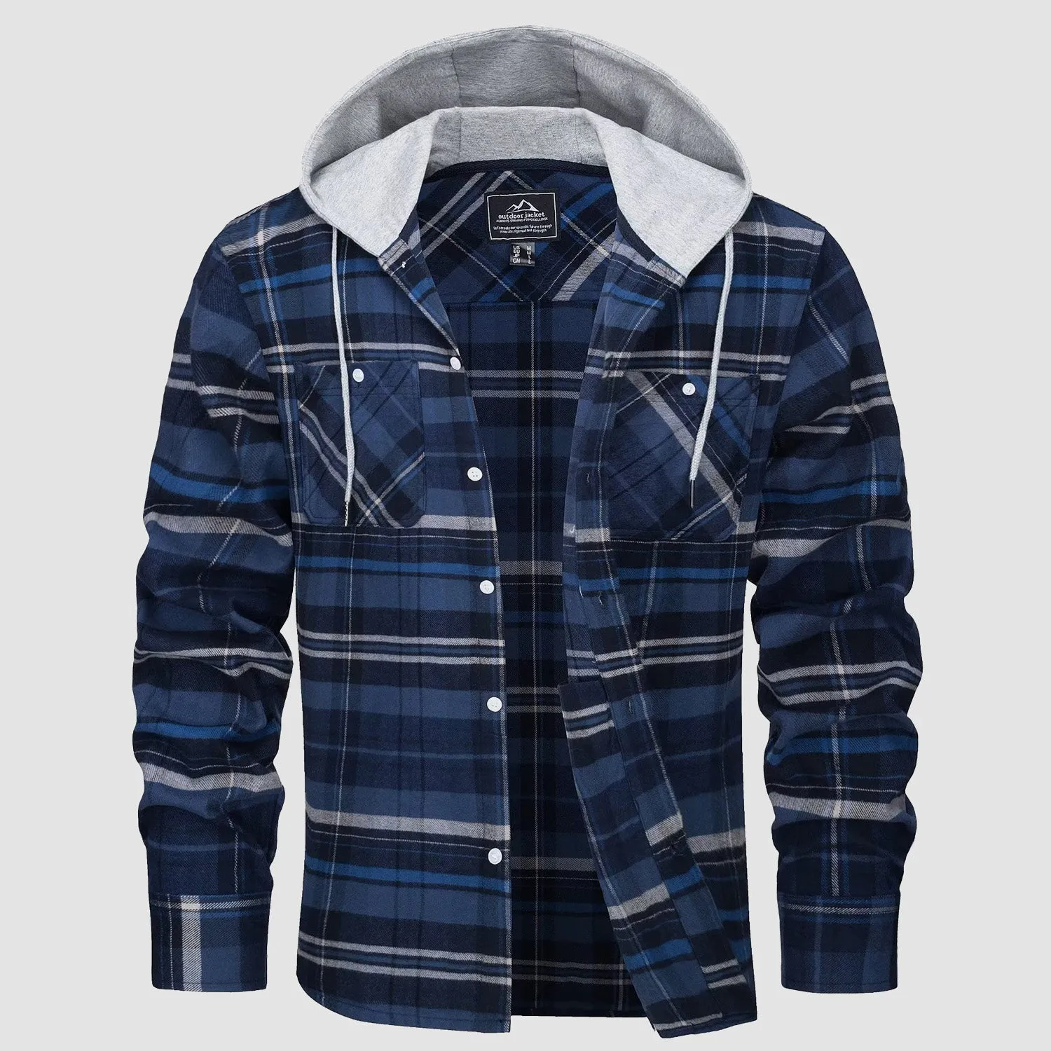 Men's Flannel Shirt Jacket with Hood - Long Sleeve Cotton Plaid Style