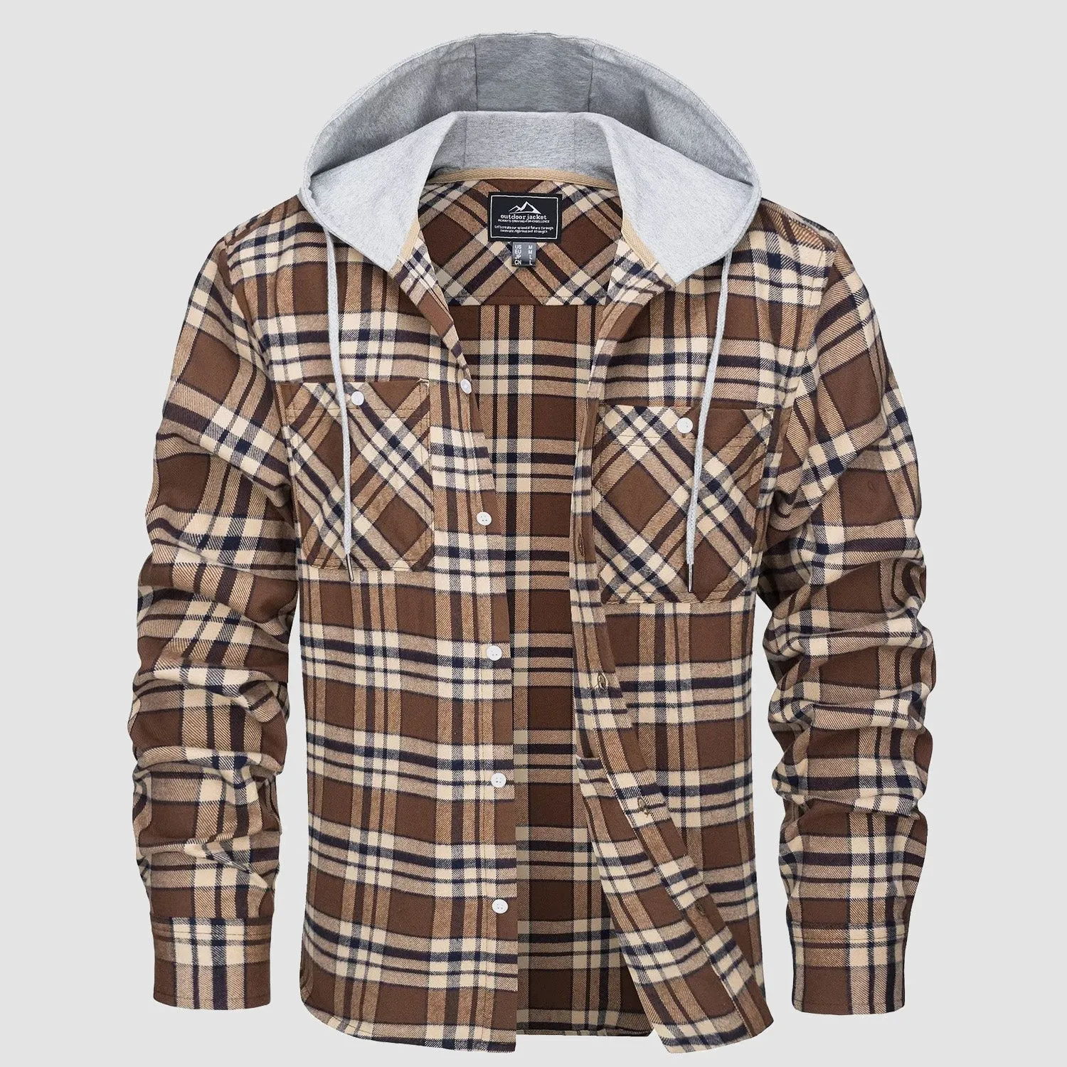 Men's Flannel Shirt Jacket with Hood - Long Sleeve Cotton Plaid Style