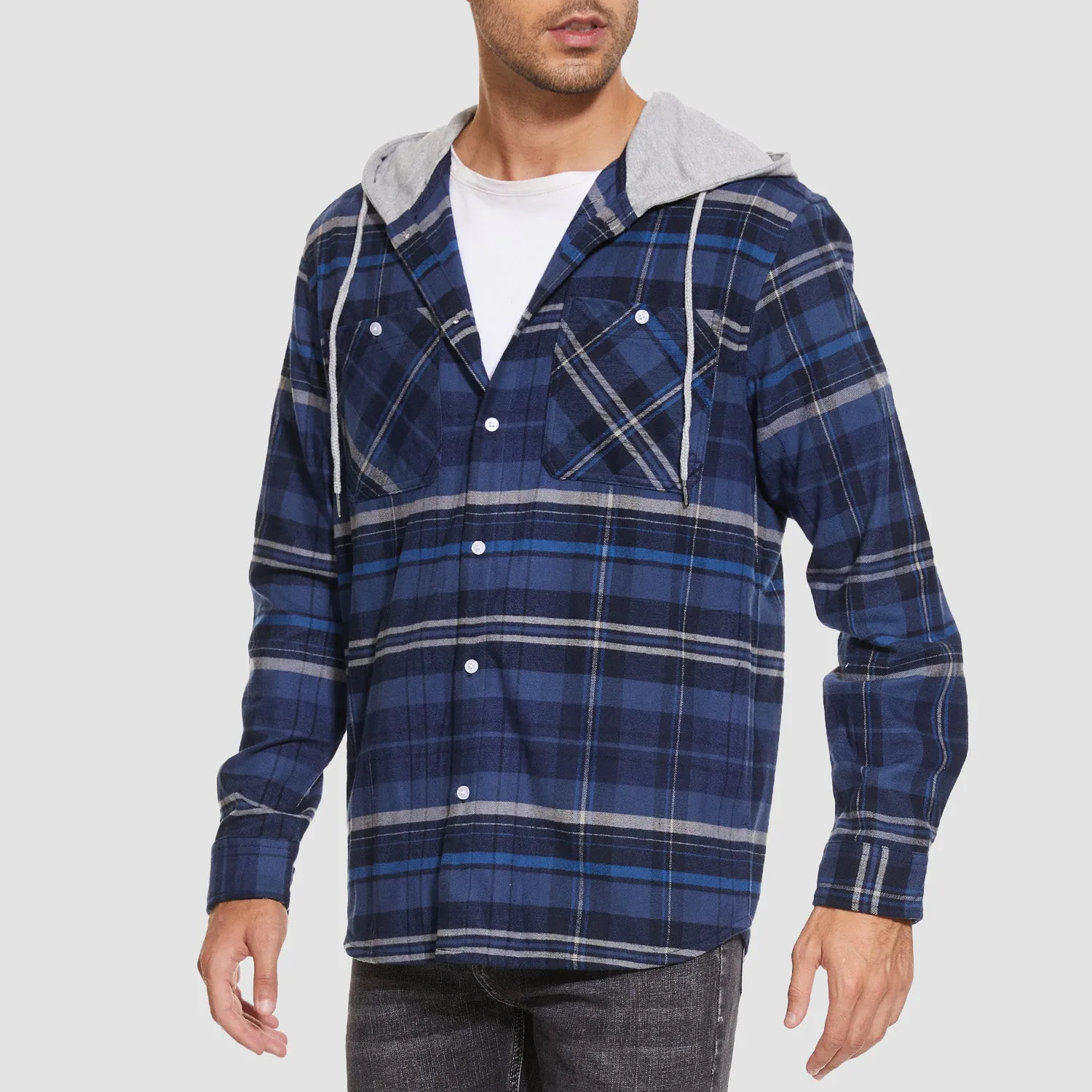 Men's Flannel Shirt Jacket with Hood - Long Sleeve Cotton Plaid Style