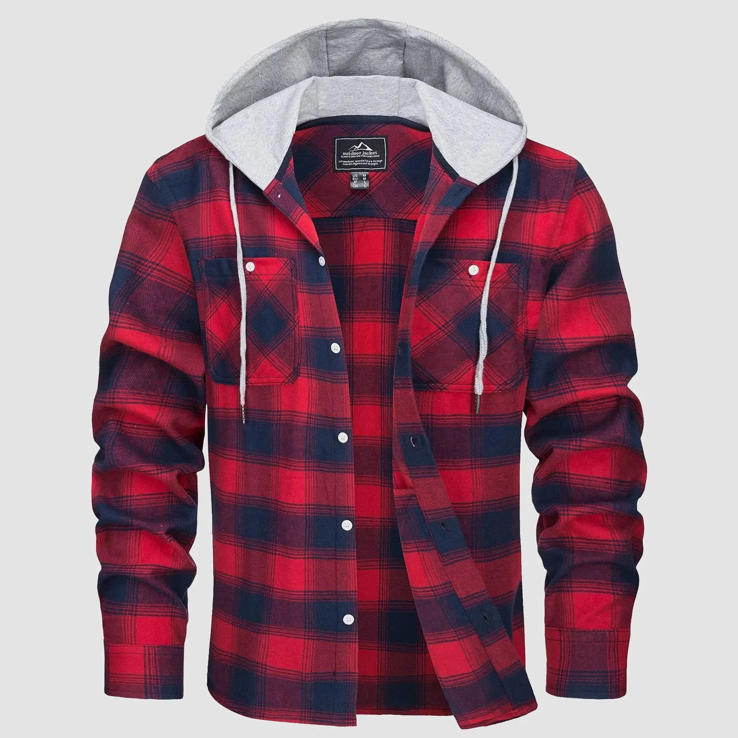 Men's Flannel Shirt Jacket with Hood - Long Sleeve Cotton Plaid Style