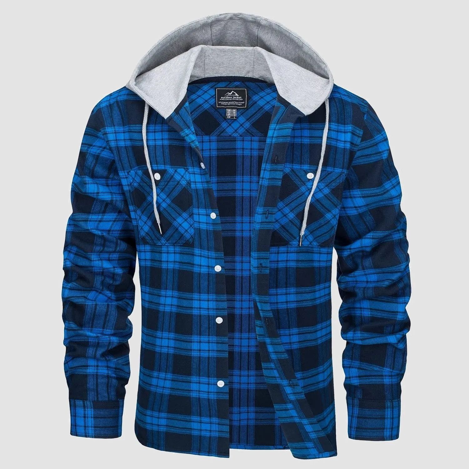 Men's Flannel Shirt Jacket with Hood - Long Sleeve Cotton Plaid Style