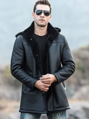 Men's Trench Faux Shearling Hooded Style Leather Coat by TJS