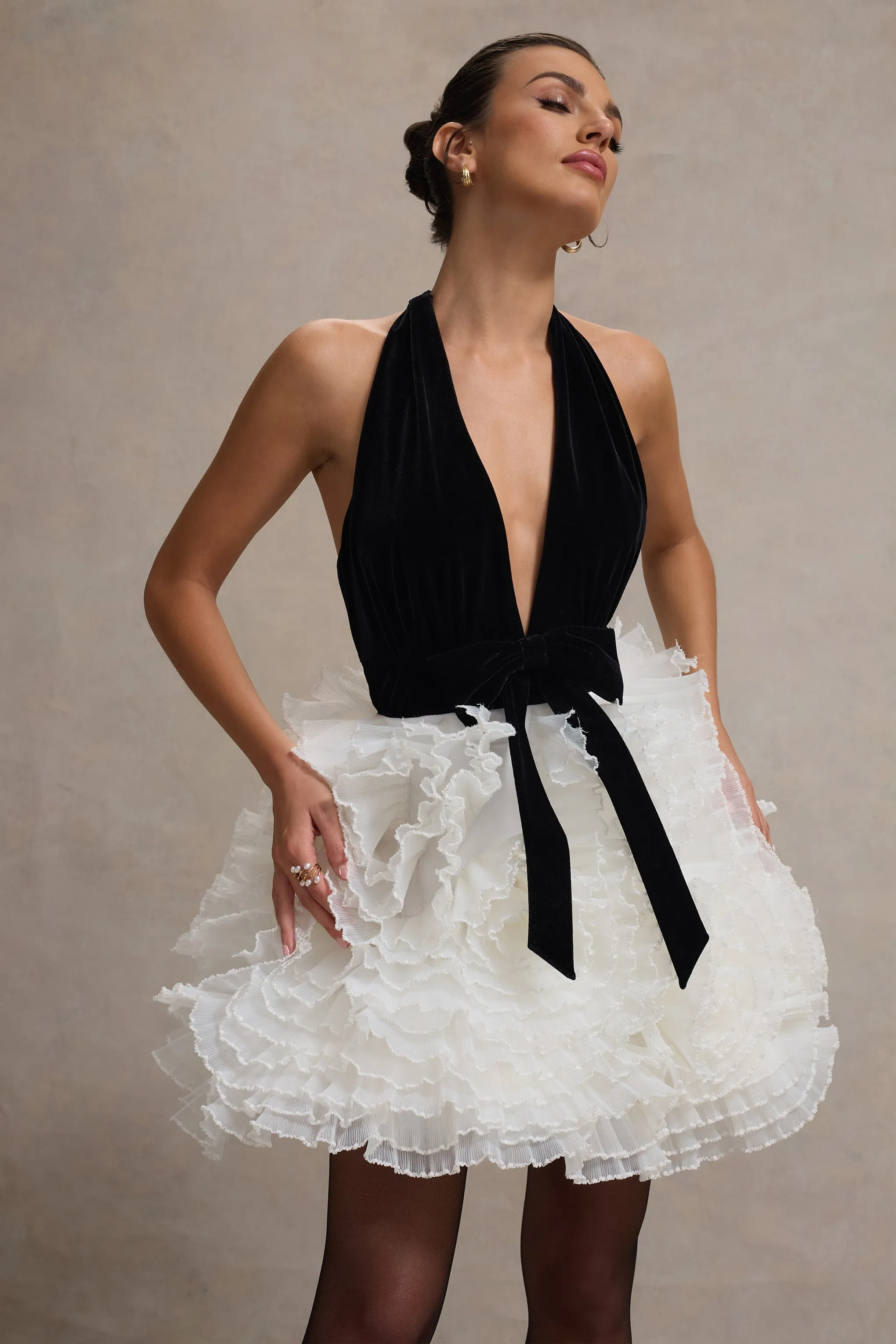 Meringue | Black Velvet Plunge-Neck Mini Dress With Tulle Skirt