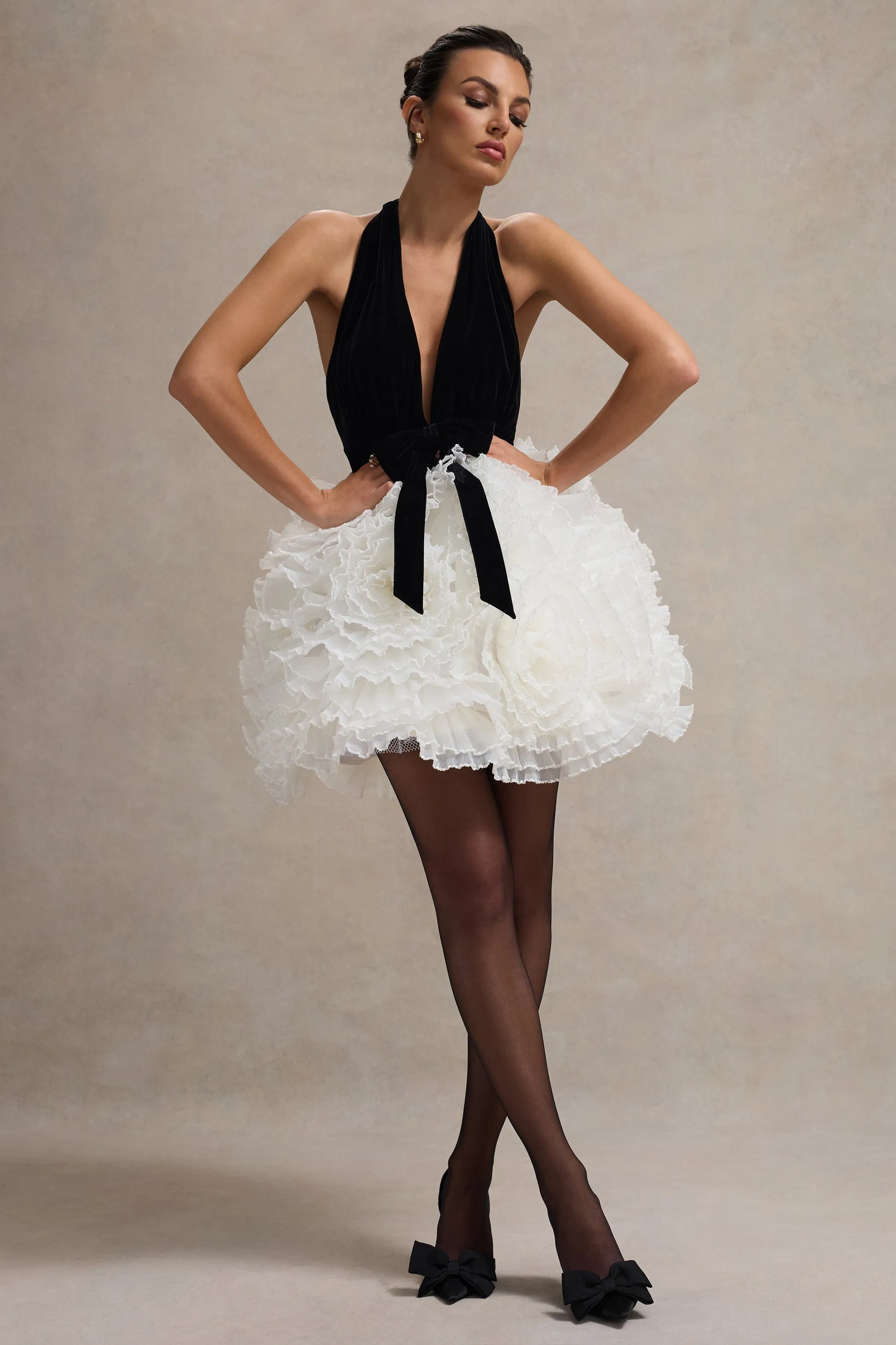 Meringue | Black Velvet Plunge-Neck Mini Dress With Tulle Skirt