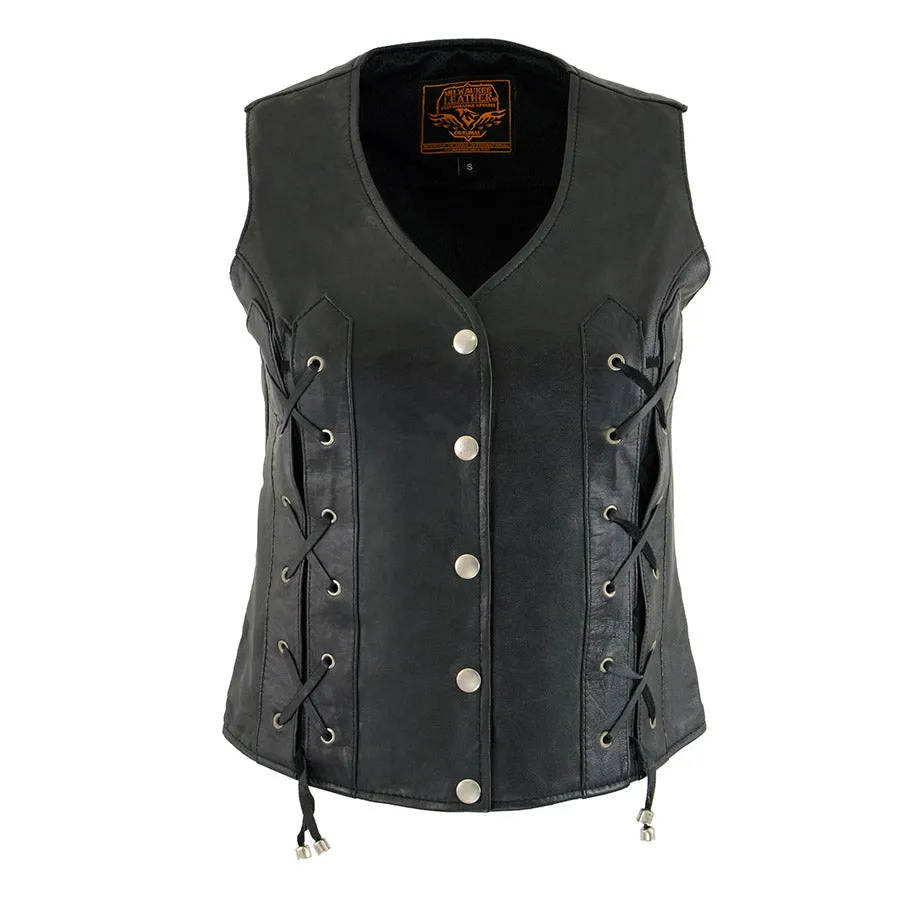 Milwaukee Leather XS1216 Ladies Black Leather Vest with Front Laces