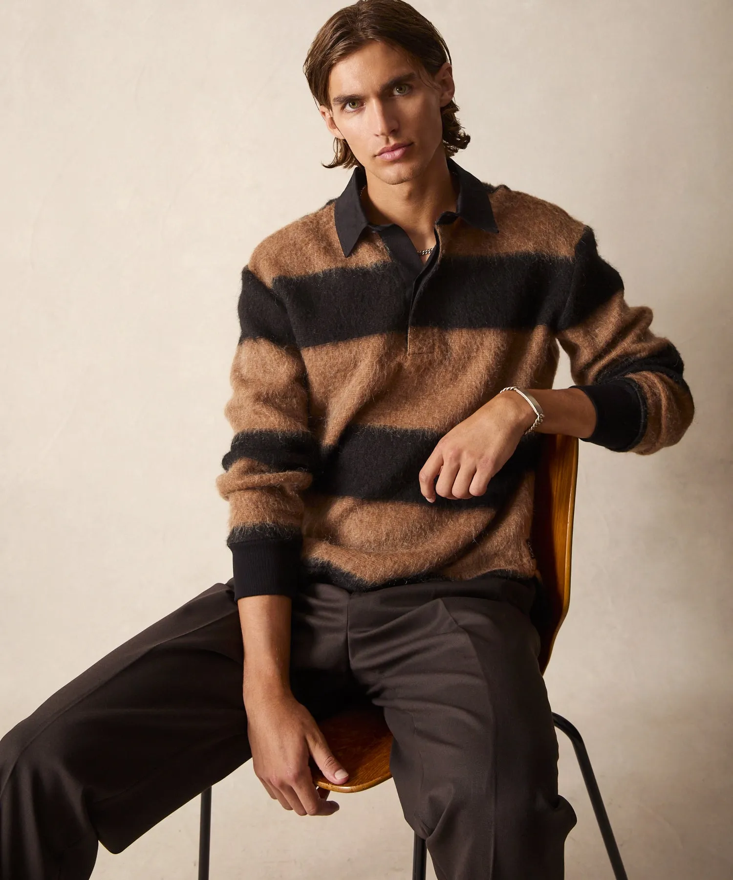 Mohair Striped Rugby Polo in Black