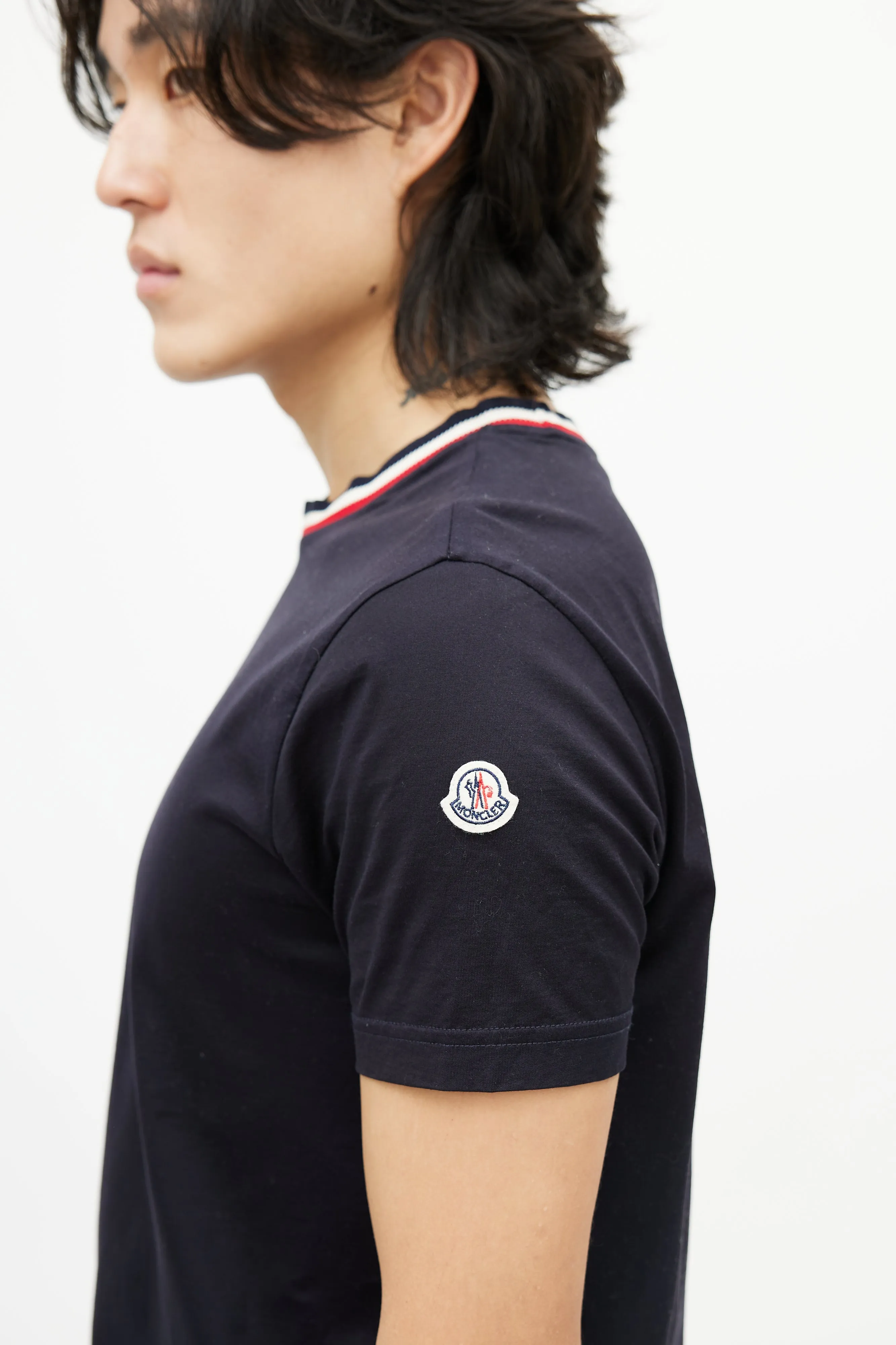 Navy & Multicolour Striped Collar T-Shirt