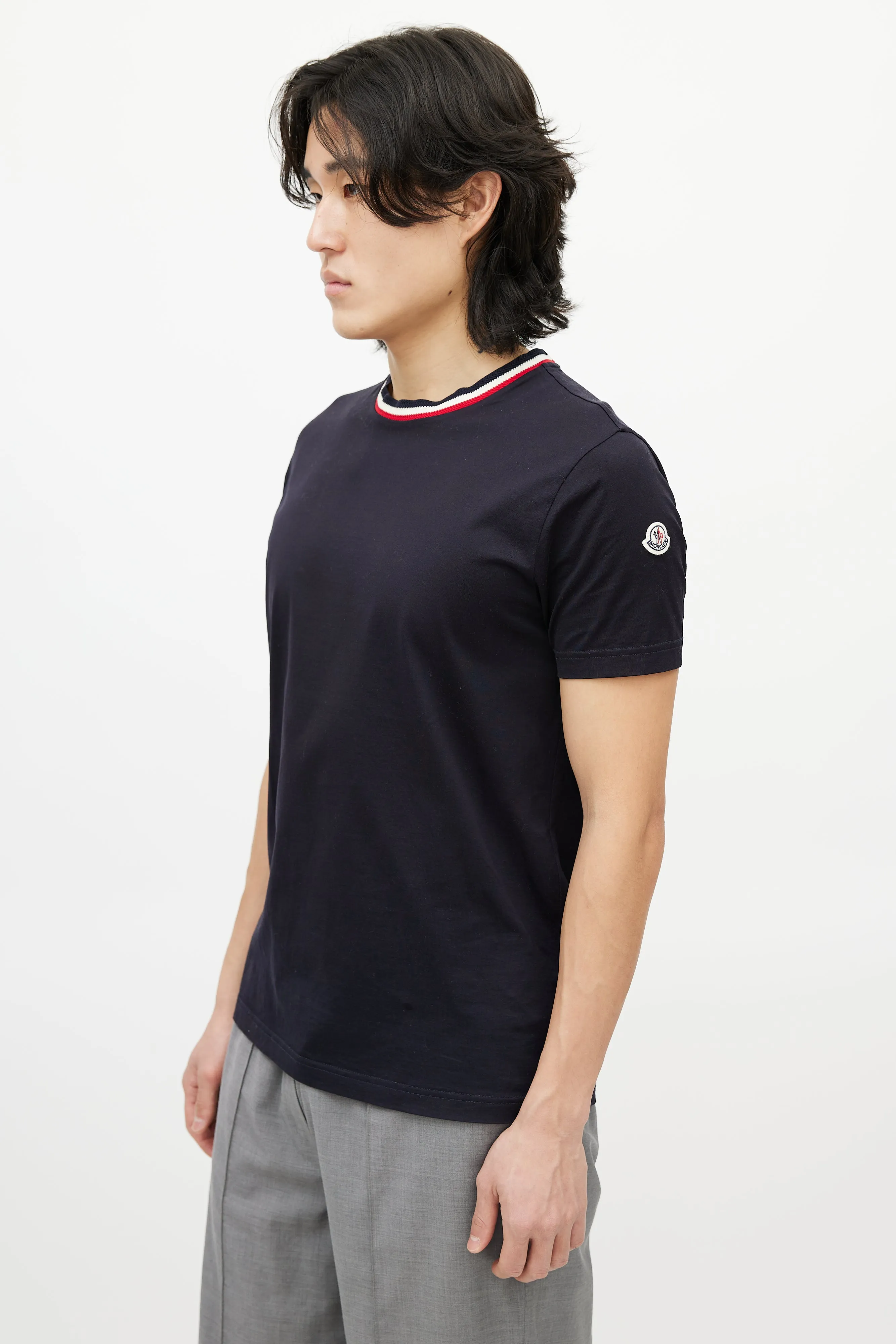 Navy & Multicolour Striped Collar T-Shirt