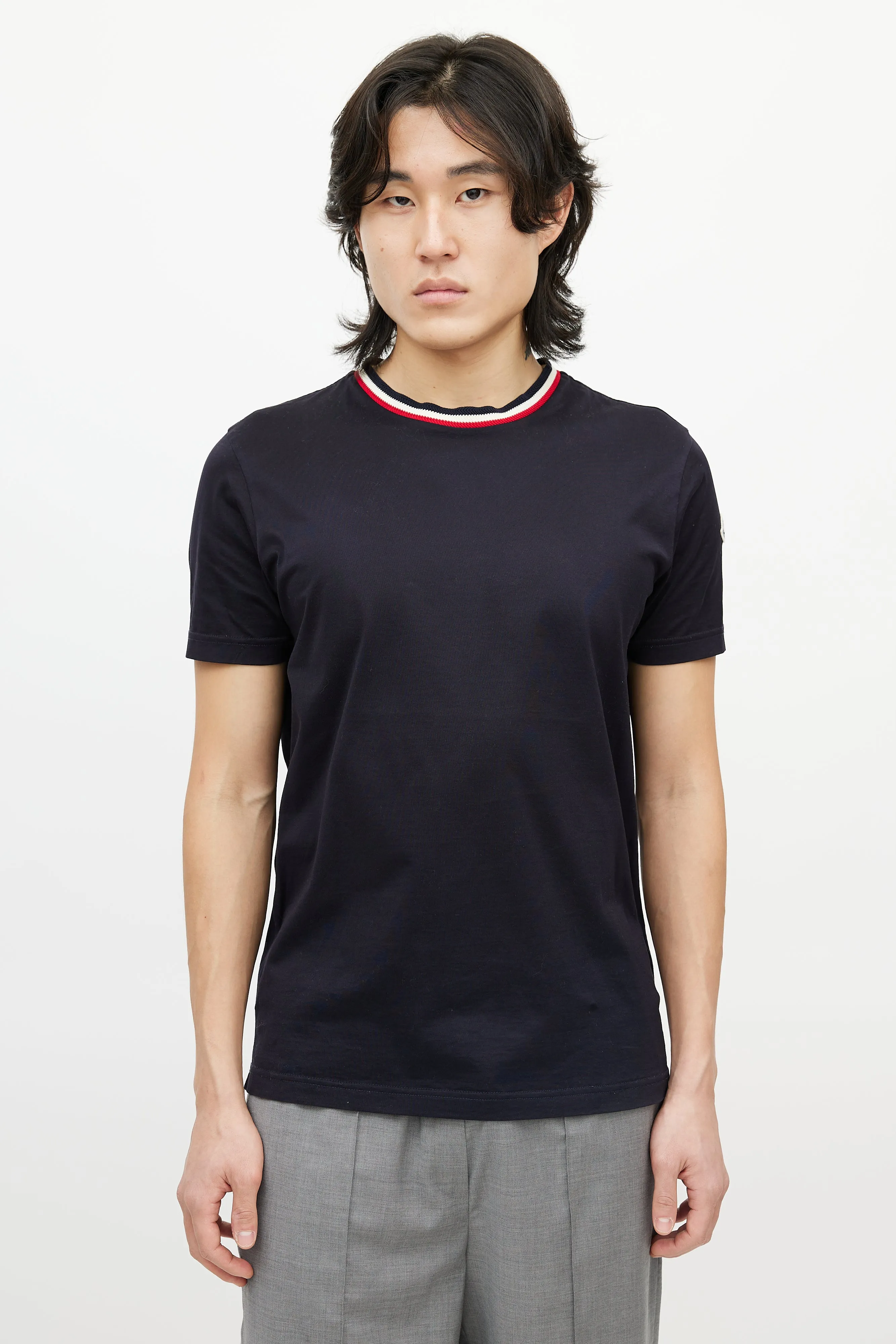 Navy & Multicolour Striped Collar T-Shirt