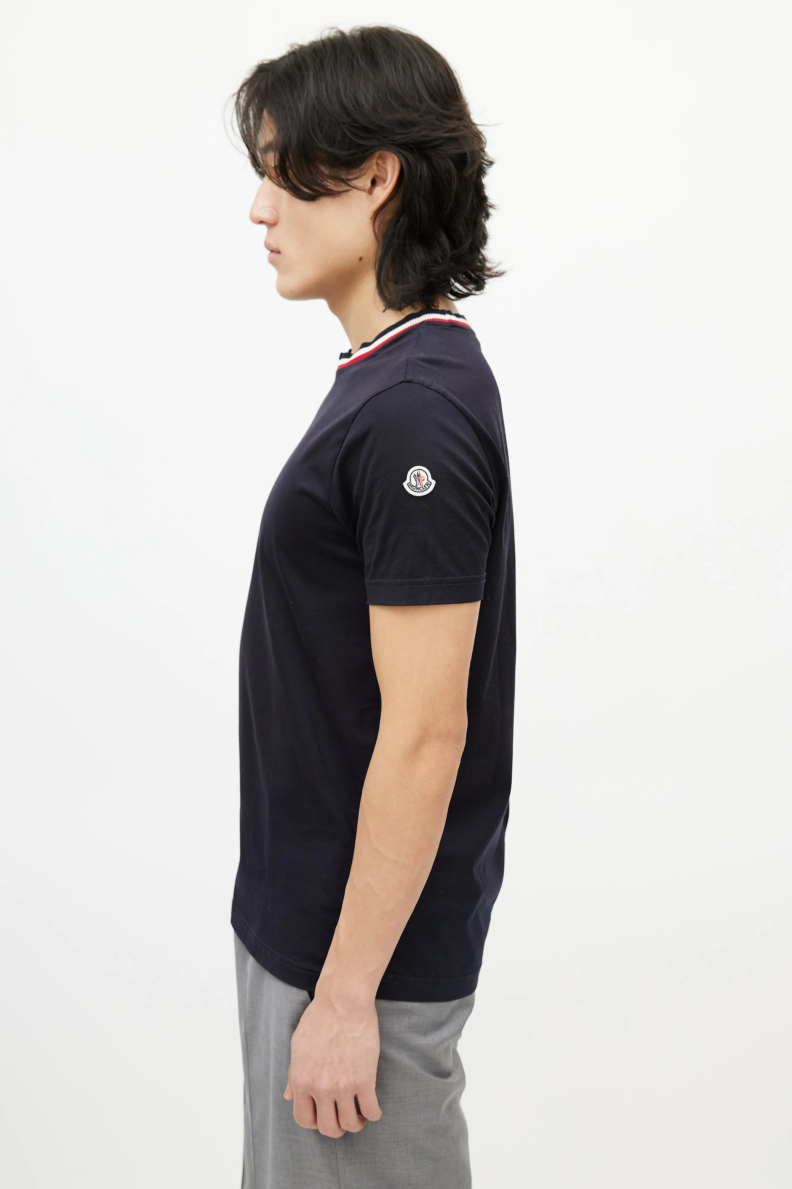 Navy & Multicolour Striped Collar T-Shirt