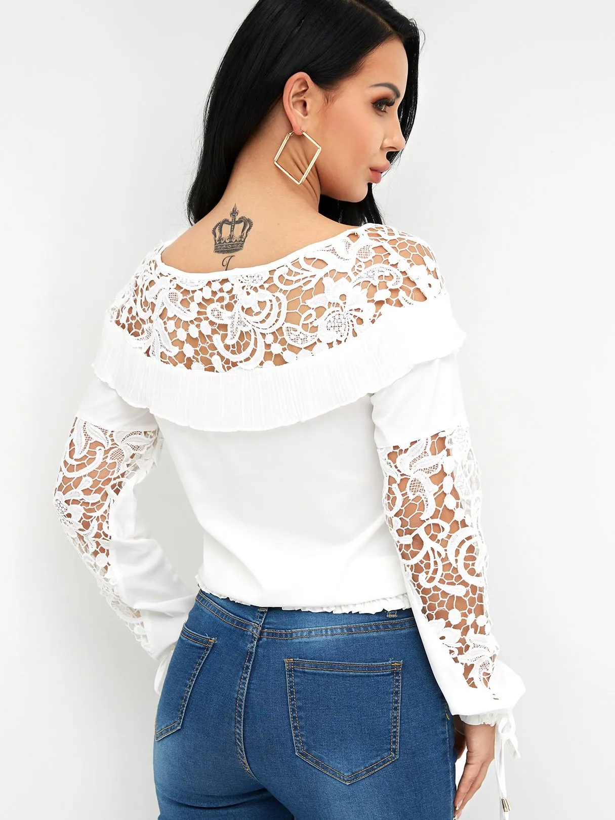 OEM ODM Round Neck Plain Lace Self-Tie Long Sleeve White Blouses