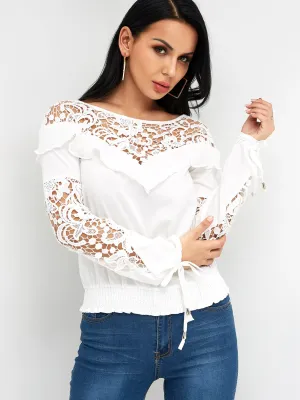 OEM ODM Round Neck Plain Lace Self-Tie Long Sleeve White Blouses