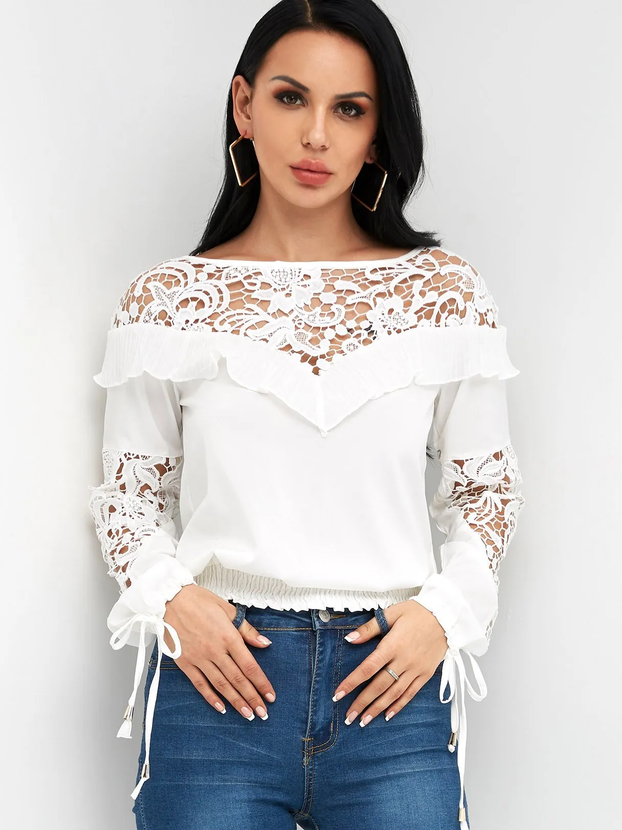 OEM ODM Round Neck Plain Lace Self-Tie Long Sleeve White Blouses