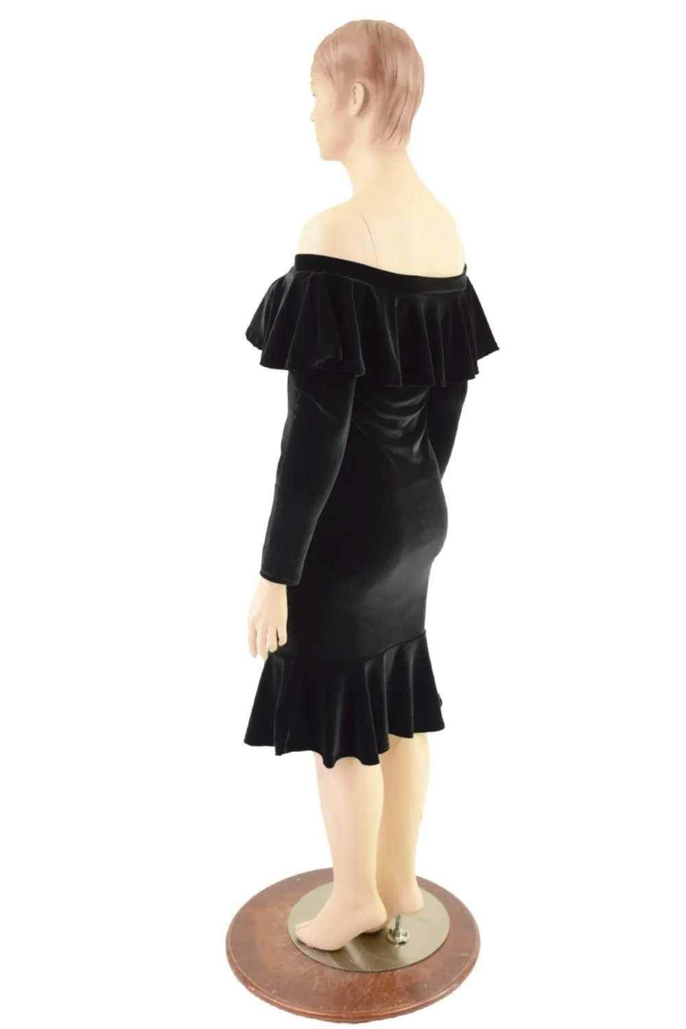 Off Shoulder Ruffled Wiggle Dress in Black Velvet