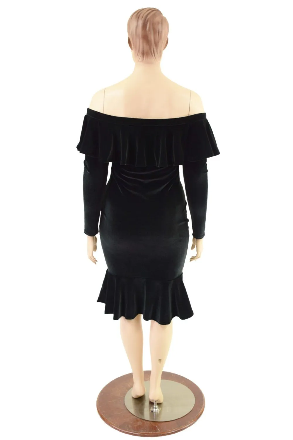 Off Shoulder Ruffled Wiggle Dress in Black Velvet