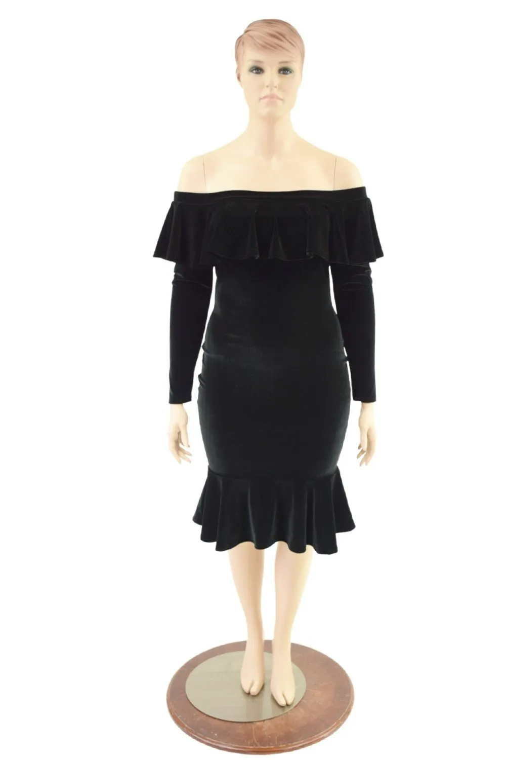 Off Shoulder Ruffled Wiggle Dress in Black Velvet