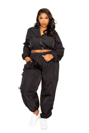 Plus Size 2 piece Black Cord Lock Detail Long Sleeve Zip Up Crop Top and pant activewear Set